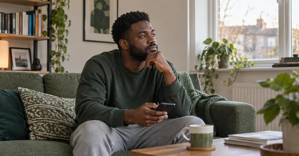A dark-skinned man sitting on a green sofa with his phone lowered as he looks towards a bright window.