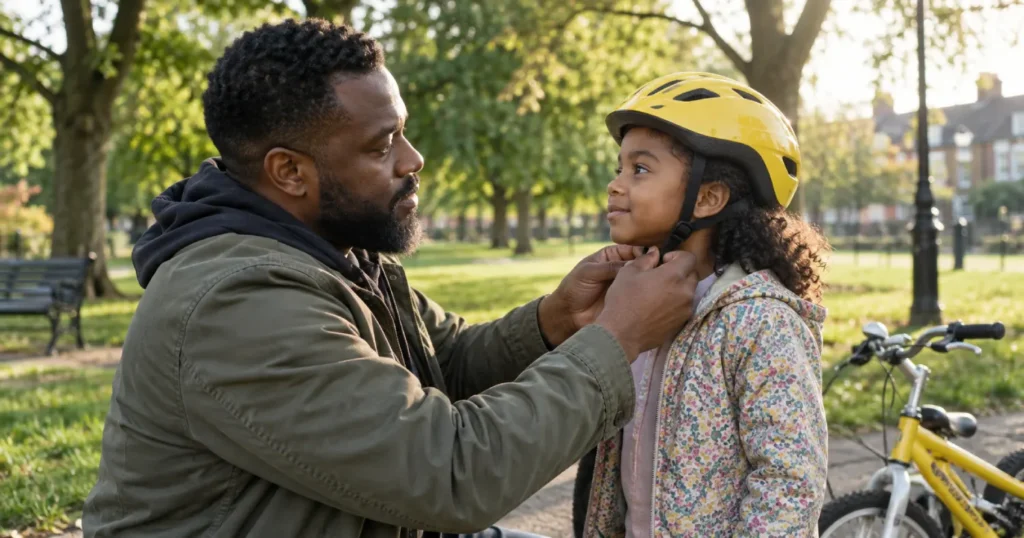 Black father fastening his daughter’s bicycle helmet in a park.