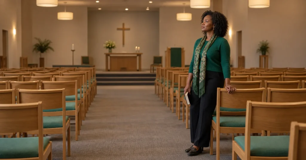 A woman holding a bible stands beside a row of wooden chairs in a quiet church.
