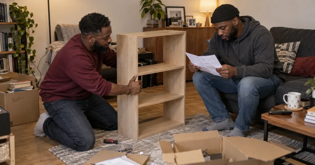 Two men assemble a wooden bookshelf in a living room, one holding it steady as the other reads the instructions.
