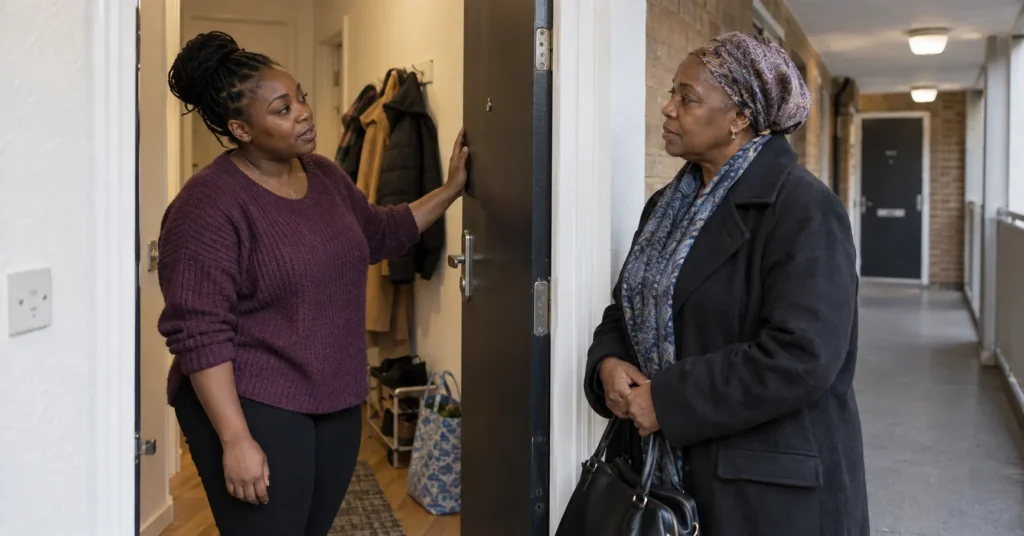 A woman and her mother talk across the open doorway of a flat.
