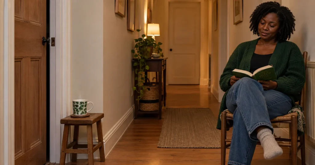 A woman reads on a chair in a hallway while a mug sits beside a partly closed door.