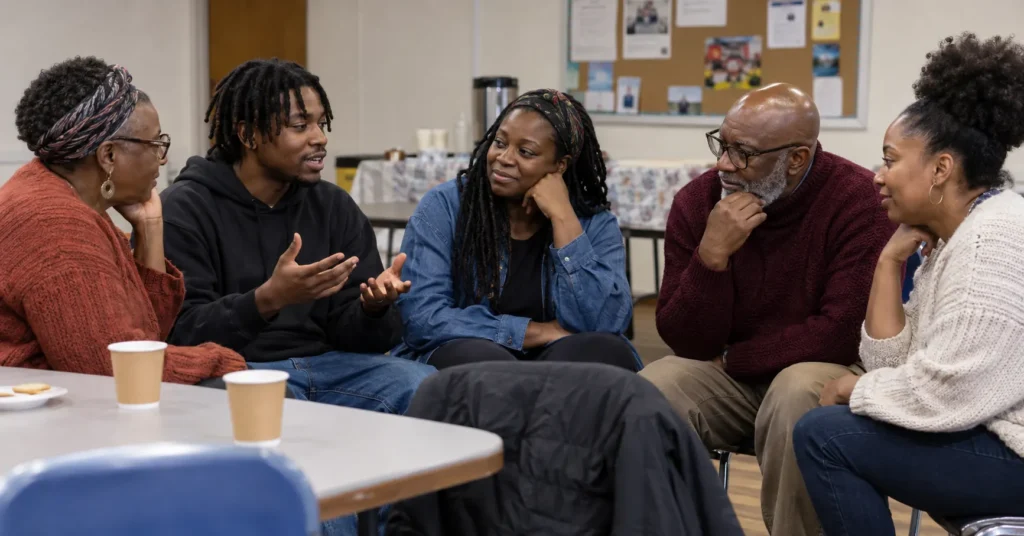 Five adults sit together after a community gathering while one person speaks and the others listen.