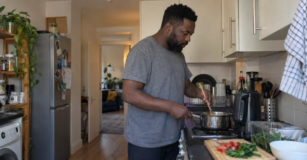 Black man cooking in a kitchen