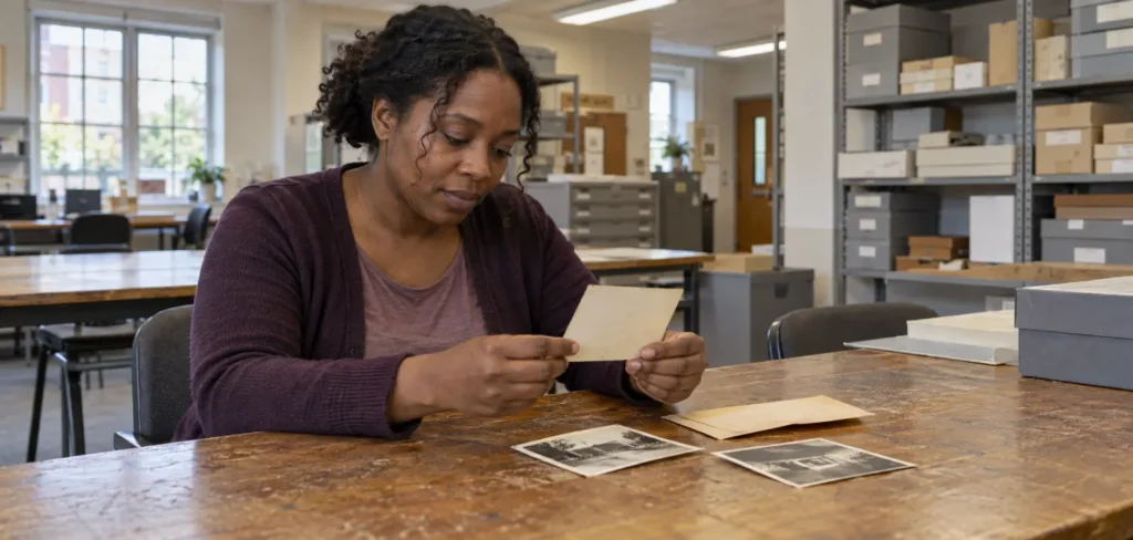 Woman examining an old photograph at a table in an archive reading room.