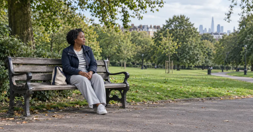 Woman sitting on a wooden park bench with a canvas bag beside her.