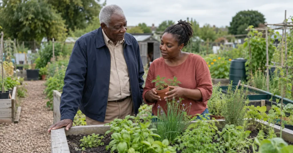 An older man and a woman looking at a potted plant beside a raised garden bed.