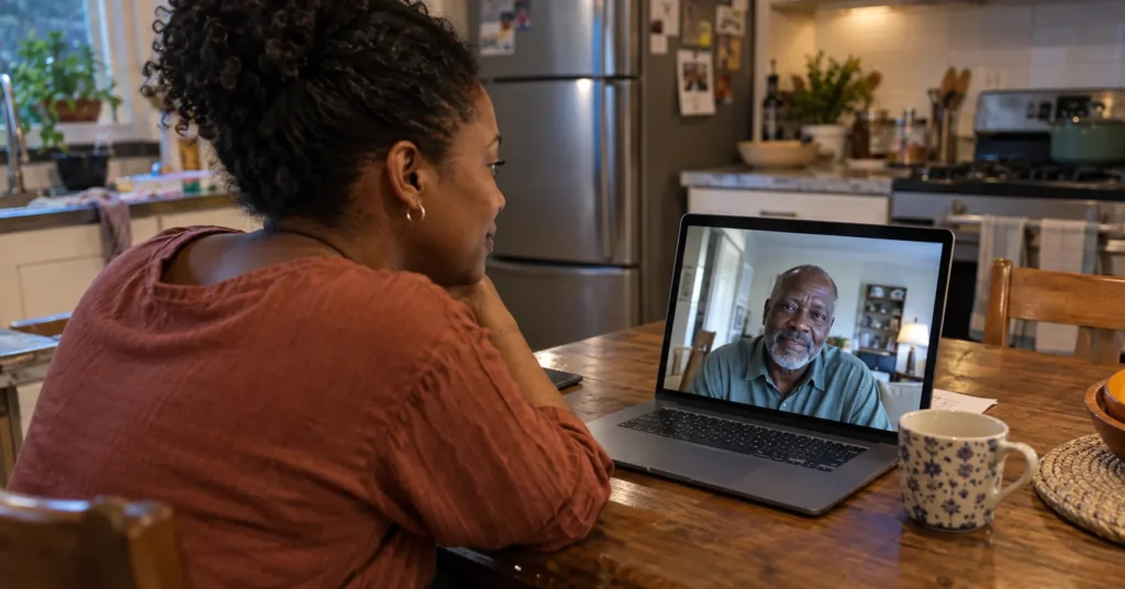 A woman at a kitchen table speaking with a man on a laptop video call