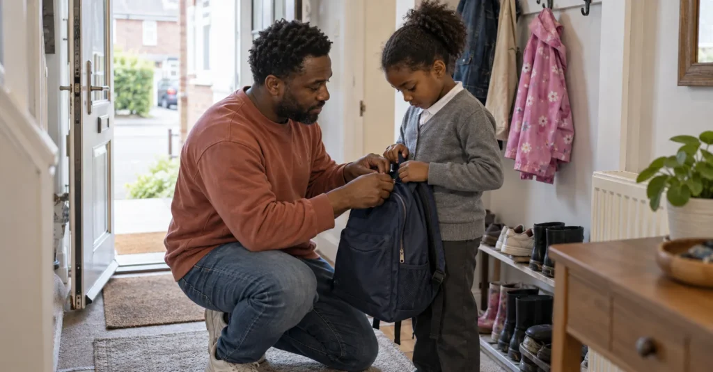 Man helping a child close a school backpack in a hallway.